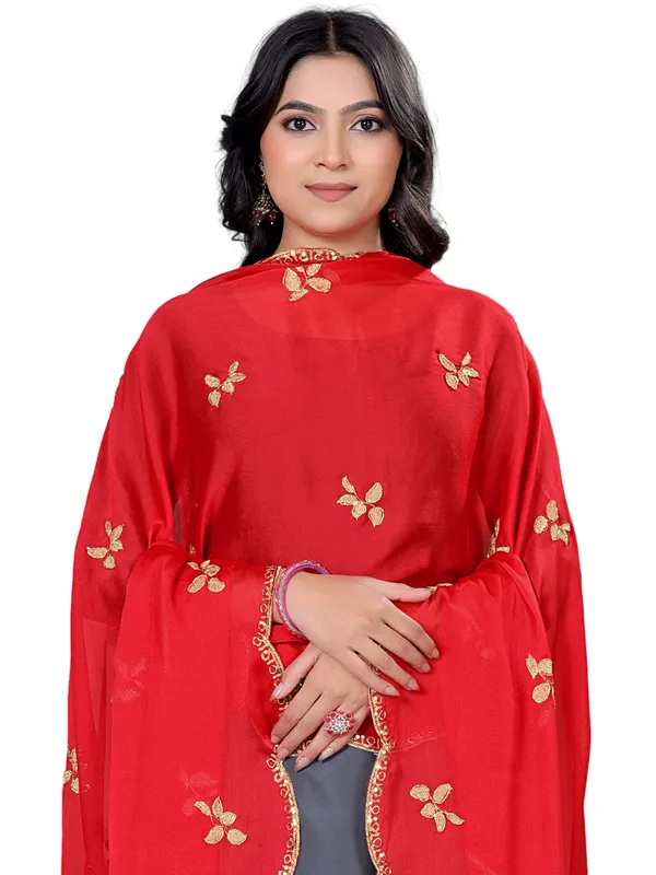 Embroidered_Art_Silk_Dupatta_With_Leaf_Butti_Sequin_Border_Red