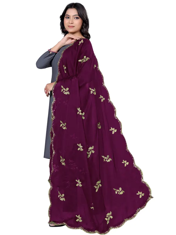 Embroidered_Art_Silk_Dupatta_With_Leaf_Butti_Sequin_Border_Wine
