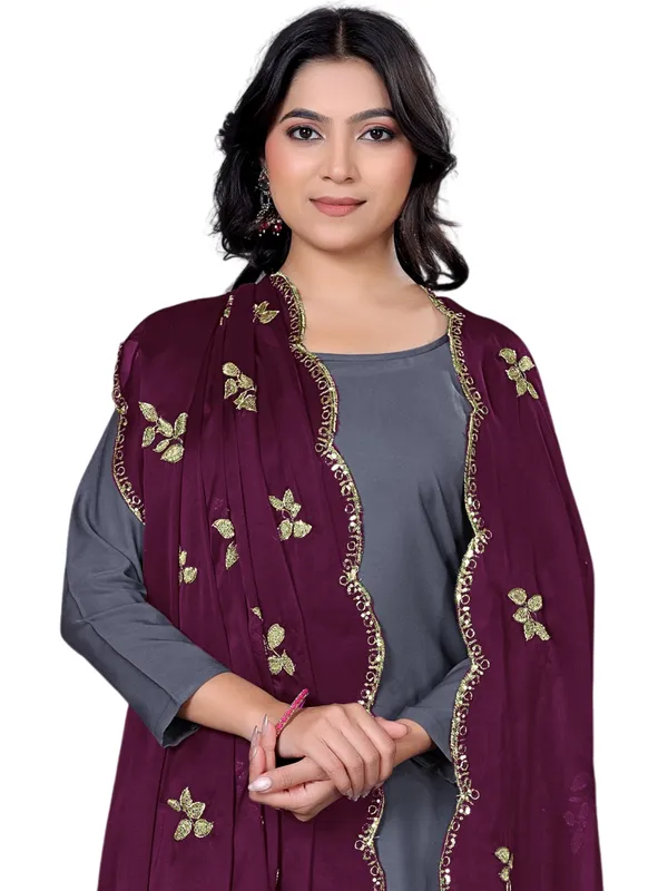 Embroidered_Art_Silk_Dupatta_With_Leaf_Butti_Sequin_Border_Wine