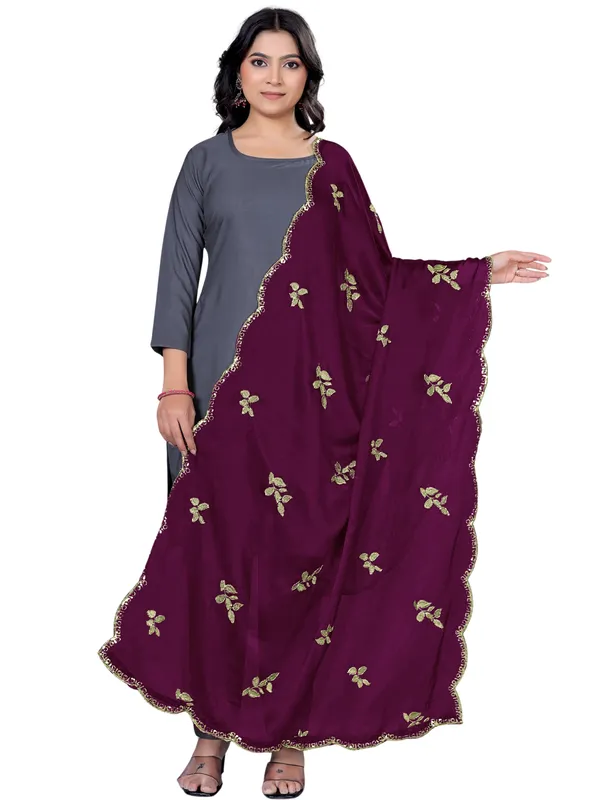 Embroidered_Art_Silk_Dupatta_With_Leaf_Butti_Sequin_Border_Wine