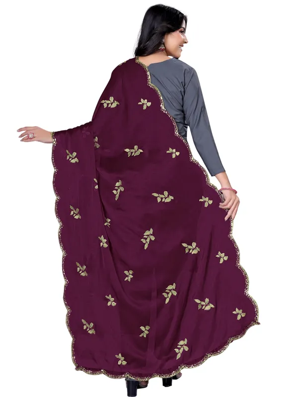 Embroidered_Art_Silk_Dupatta_With_Leaf_Butti_Sequin_Border_Wine