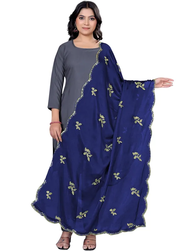 Embroidered_Art_Silk_Dupatta_With_Leaf_Butti_Sequin_Border_Navy_Blue