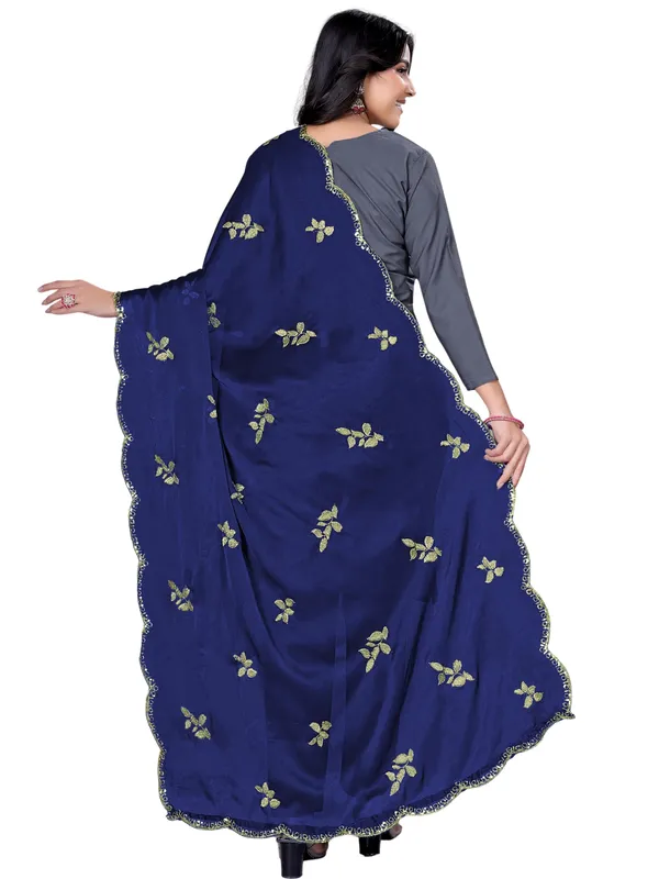Embroidered_Art_Silk_Dupatta_With_Leaf_Butti_Sequin_Border_Navy_Blue