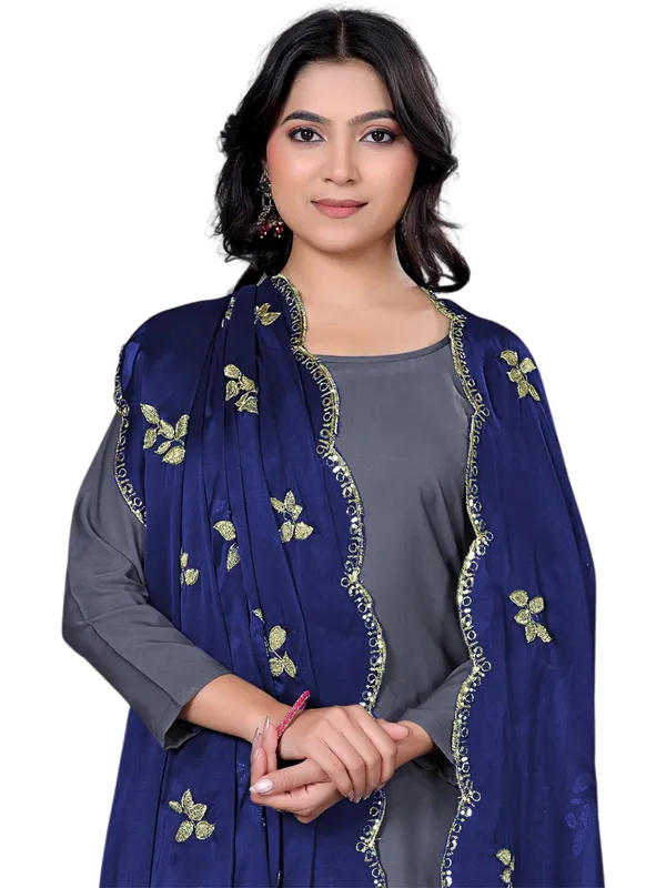 Embroidered_Art_Silk_Dupatta_With_Leaf_Butti_Sequin_Border_Navy_Blue