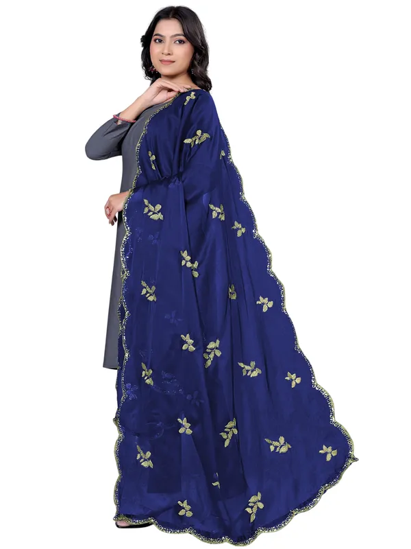 Embroidered_Art_Silk_Dupatta_With_Leaf_Butti_Sequin_Border_Navy_Blue
