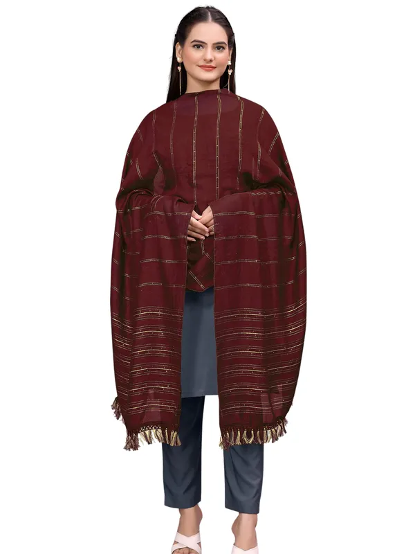 Chanderi_Style_Dupatta_With_Zari_Stripes_Sequins_Tassels_Maroon