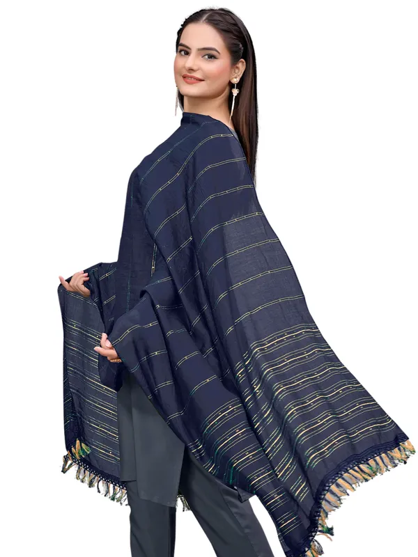 Chanderi_Style_Dupatta_With_Zari_Stripes_Sequins_Tassels_Navy_Blue