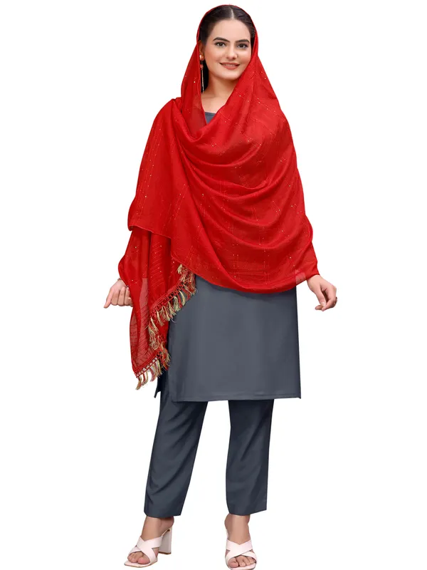 Chanderi_Style_Dupatta_With_Zari_Stripes_Sequins_Tassels_Red