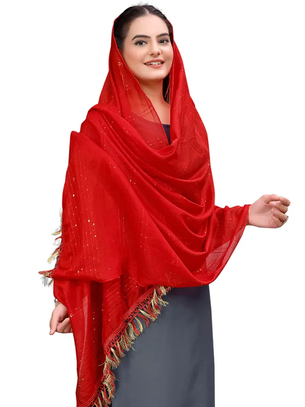 Chanderi_Style_Dupatta_With_Zari_Stripes_Sequins_Tassels_Red