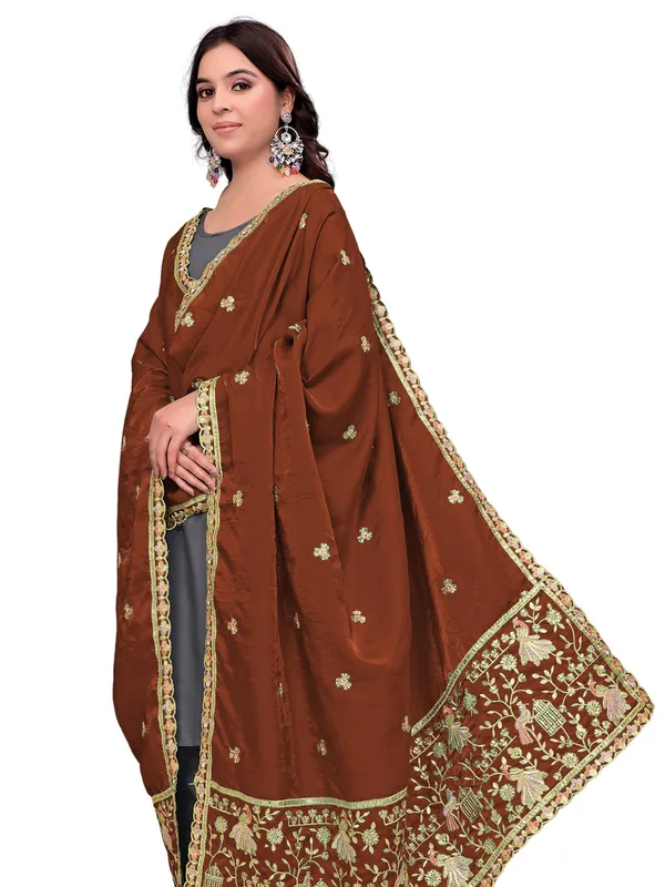 Zari_Embroidered_Art_Silk_Dupatta_With_Sequin_Peacock_Pallu_Brown