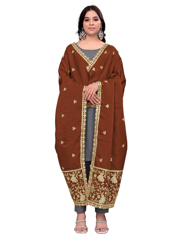 Zari_Embroidered_Art_Silk_Dupatta_With_Sequin_Peacock_Pallu_Brown
