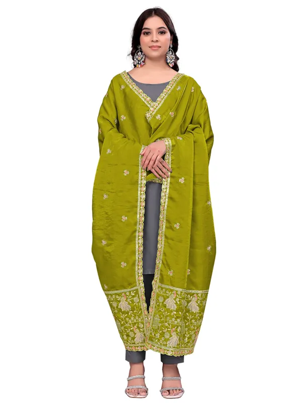 Zari_Embroidered_Art_Silk_Dupatta_With_Sequin_Peacock_Pallu_Mahendi_Green