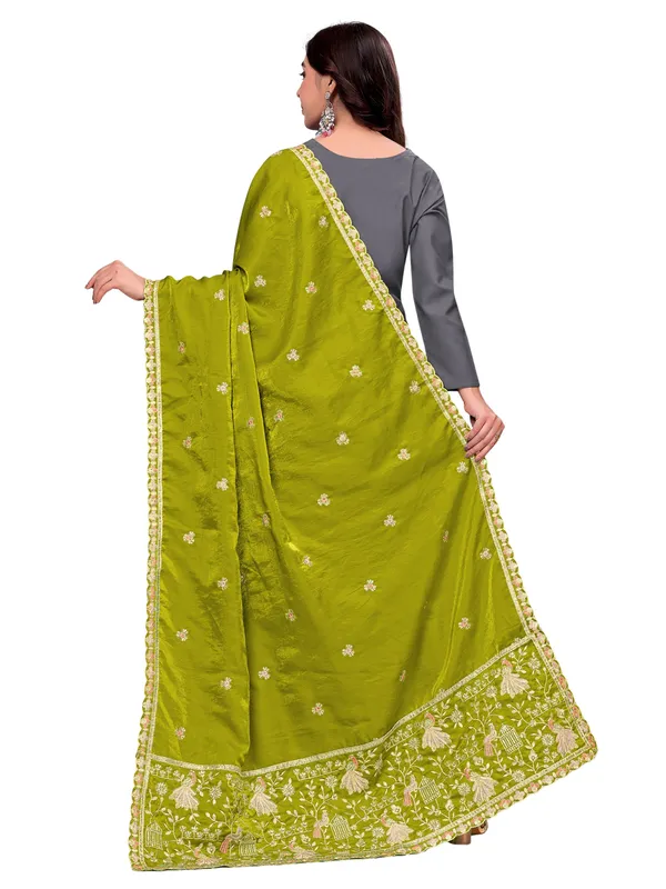 Zari_Embroidered_Art_Silk_Dupatta_With_Sequin_Peacock_Pallu_Mahendi_Green