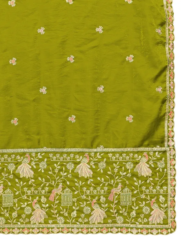 Zari_Embroidered_Art_Silk_Dupatta_With_Sequin_Peacock_Pallu_Mahendi_Green