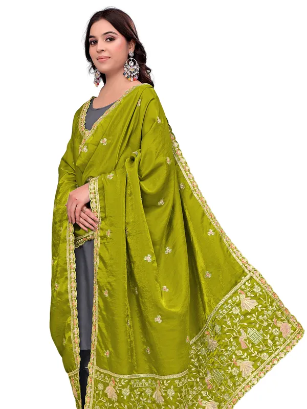 Zari_Embroidered_Art_Silk_Dupatta_With_Sequin_Peacock_Pallu_Mahendi_Green