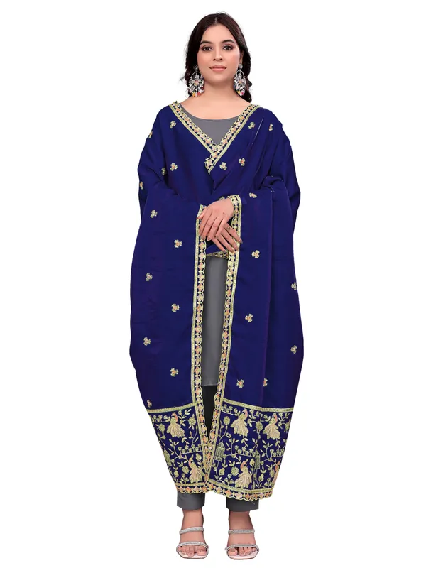 Zari_Embroidered_Art_Silk_Dupatta_With_Sequin_Peacock_Pallu_Navy_Blue