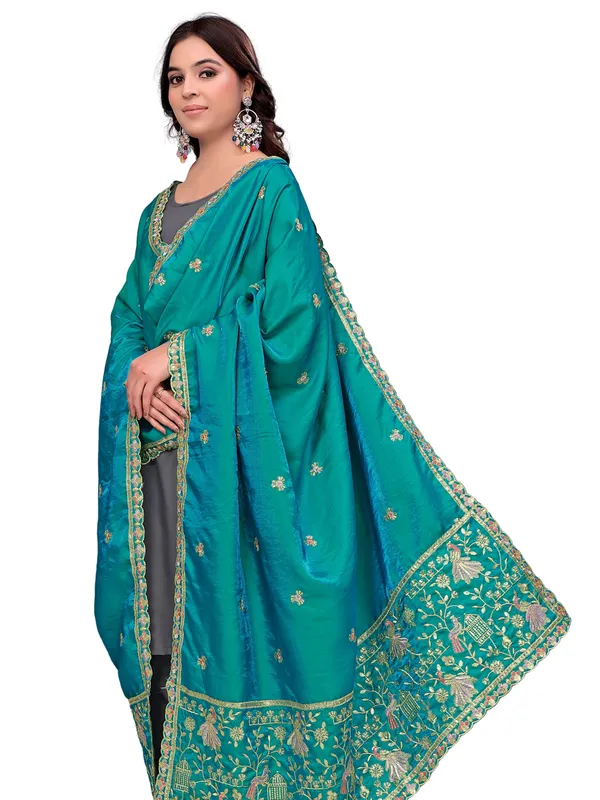 Zari_Embroidered_Art_Silk_Dupatta_With_Sequin_Peacock_Pallu_Rama_Green