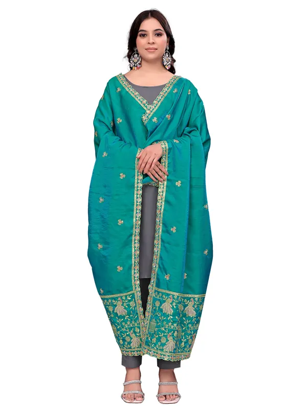 Zari_Embroidered_Art_Silk_Dupatta_With_Sequin_Peacock_Pallu_Rama_Green