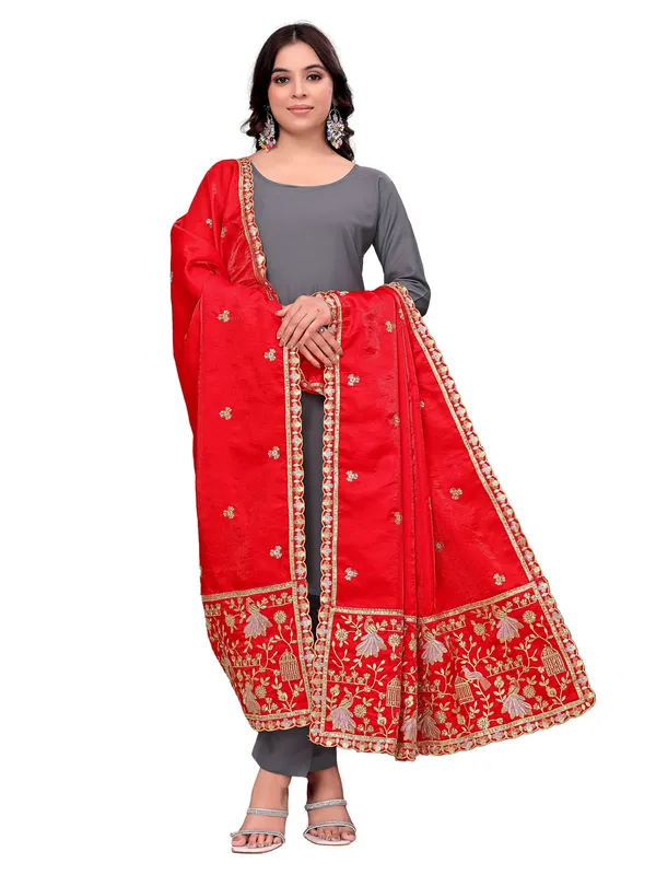 Zari_Embroidered_Art_Silk_Dupatta_With_Sequin_Peacock_Pallu_Red