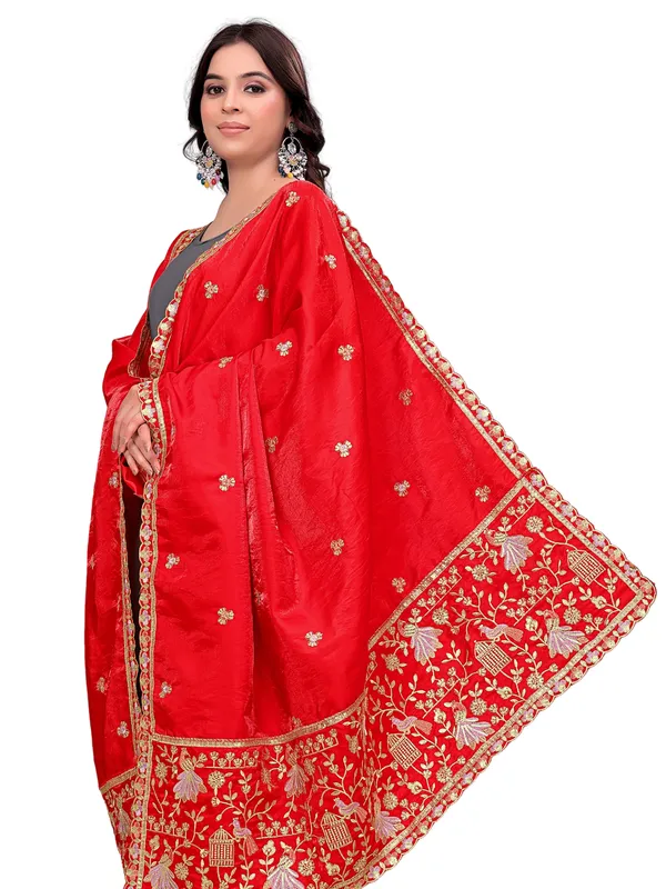 Zari_Embroidered_Art_Silk_Dupatta_With_Sequin_Peacock_Pallu_Red