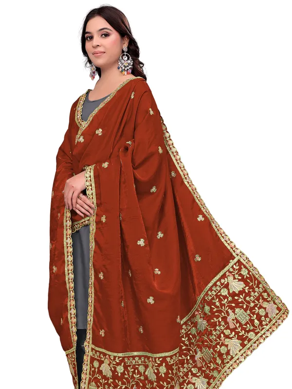 Zari_Embroidered_Art_Silk_Dupatta_With_Sequin_Peacock_Pallu_Rust