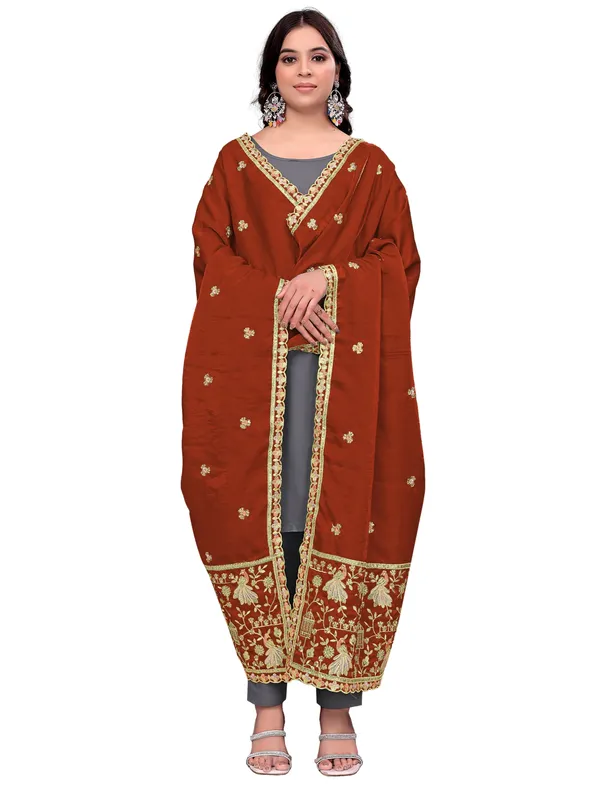 Zari_Embroidered_Art_Silk_Dupatta_With_Sequin_Peacock_Pallu_Rust