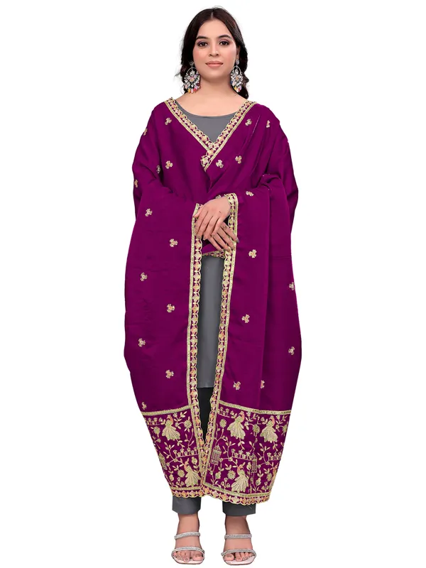 Zari_Embroidered_Art_Silk_Dupatta_With_Sequin_Peacock_Pallu_Wine