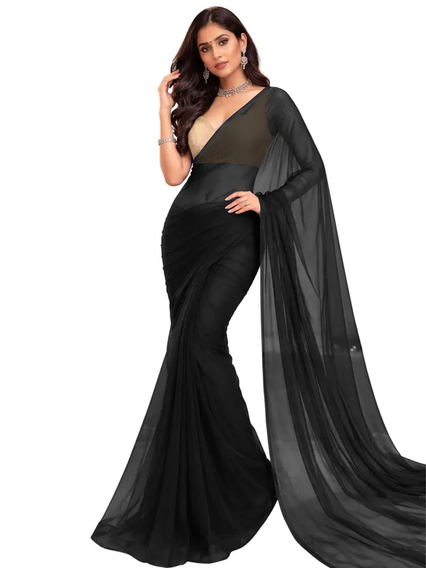 Georgette_Solid_Saree_With_Blouse_Piece_Black