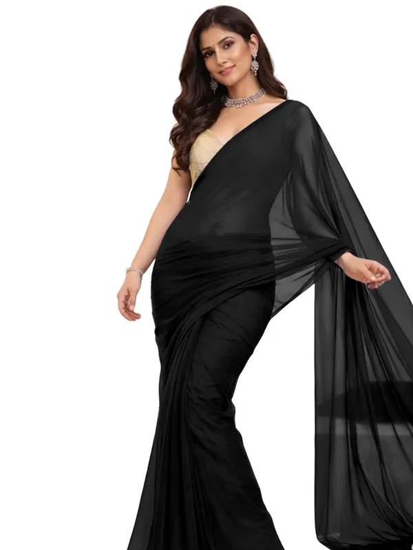 Georgette_Solid_Saree_With_Blouse_Piece_Black