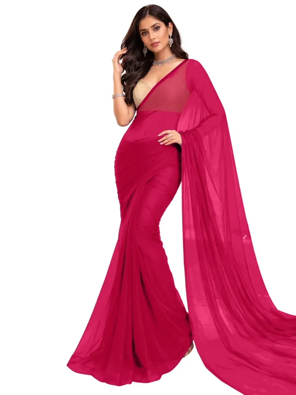 Georgette_Solid_Saree_With_Blouse_Piece_Pink