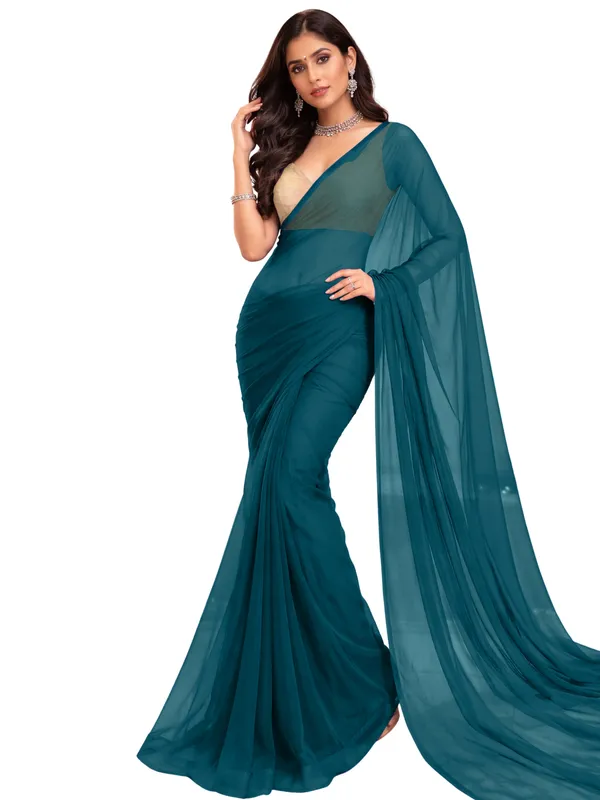 Georgette_Solid_Saree_With_Blouse_Piece_Kerosin_Blue