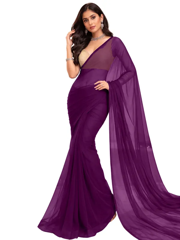 Georgette_Solid_Saree_With_Blouse_Piece_Wine