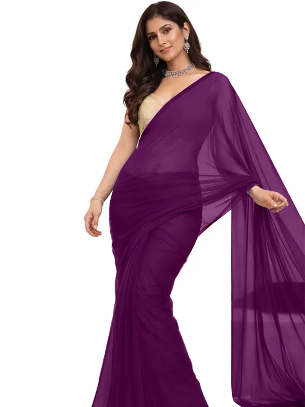 Georgette_Solid_Saree_With_Blouse_Piece_Wine
