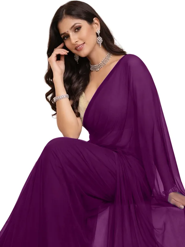 Georgette_Solid_Saree_With_Blouse_Piece_Wine