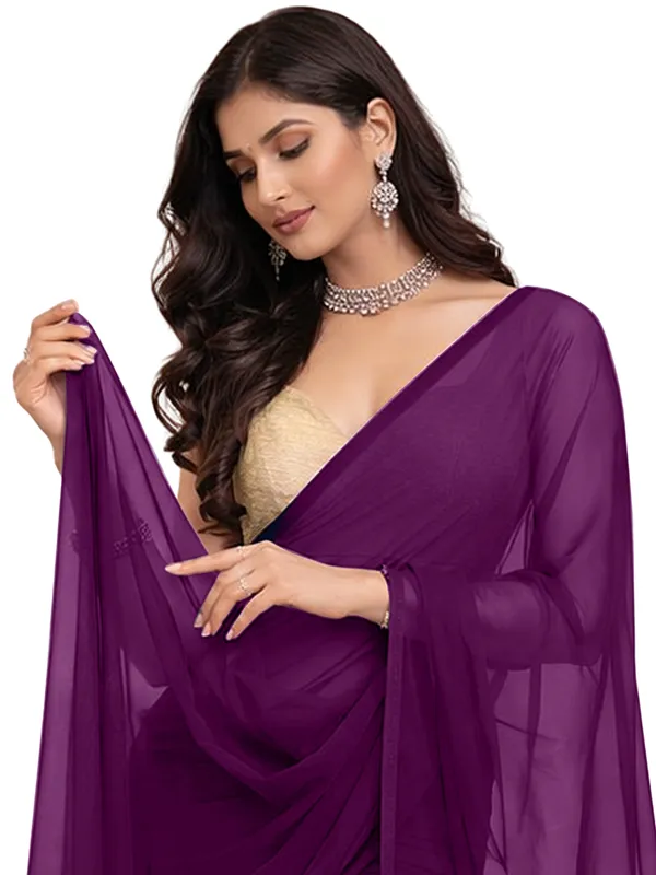 Georgette_Solid_Saree_With_Blouse_Piece_Wine