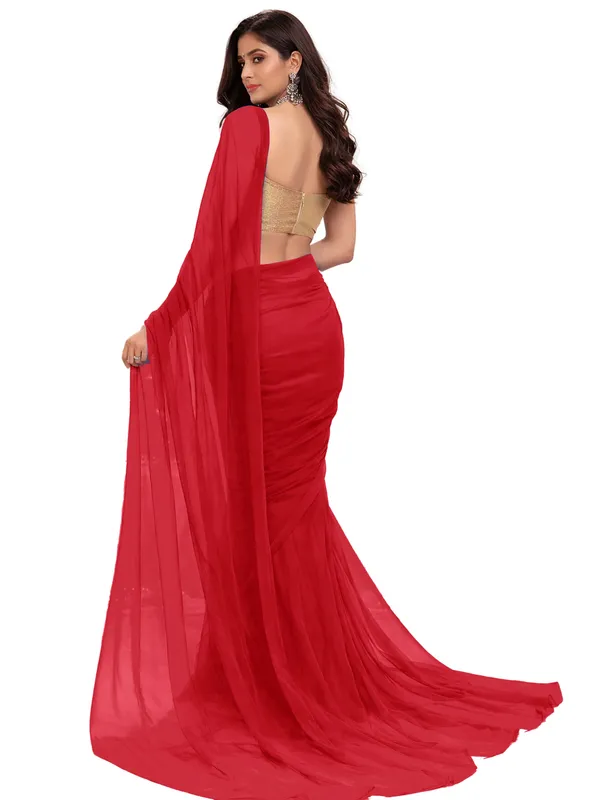 Georgette_Solid_Saree_With_Blouse_Piece_Red