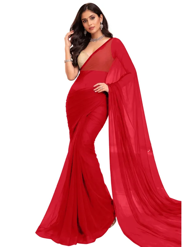 Georgette_Solid_Saree_With_Blouse_Piece_Red