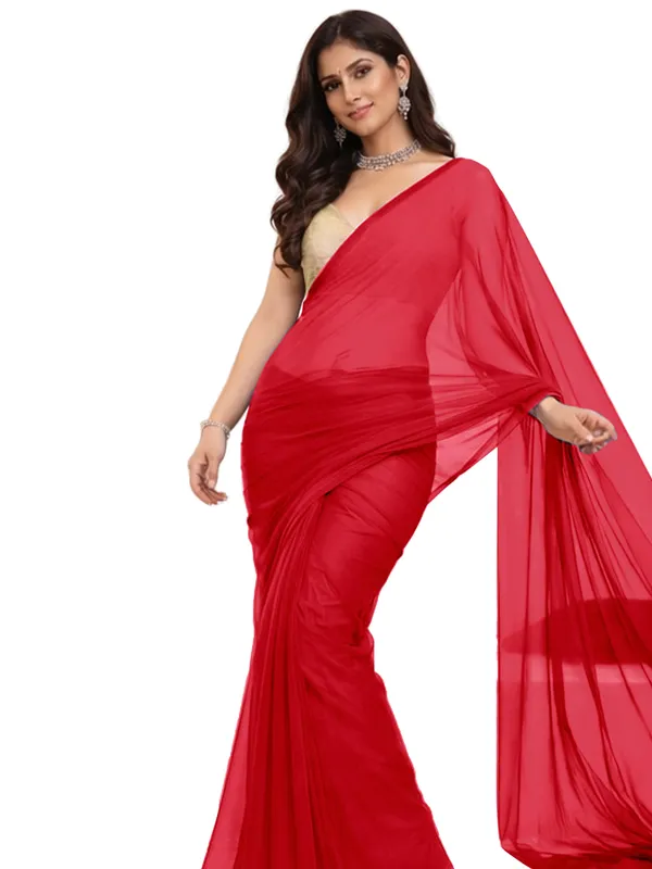 Georgette_Solid_Saree_With_Blouse_Piece_Red