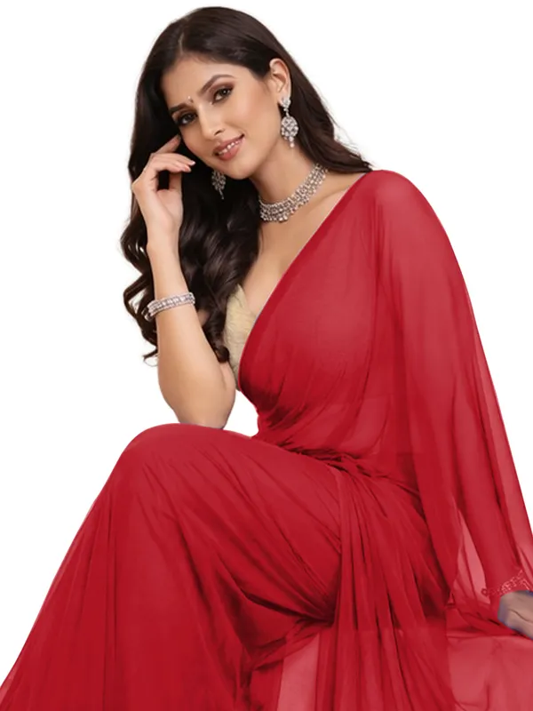 Georgette_Solid_Saree_With_Blouse_Piece_Red