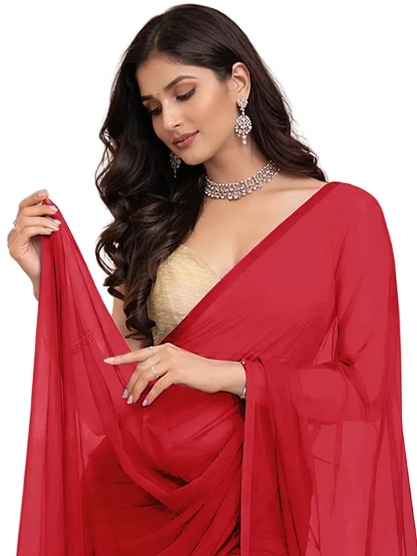 Georgette_Solid_Saree_With_Blouse_Piece_Red