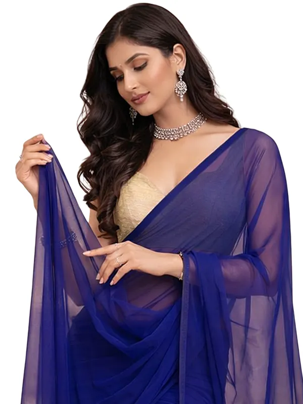 Georgette_Solid_Saree_With_Blouse_Piece_Navy_Blue