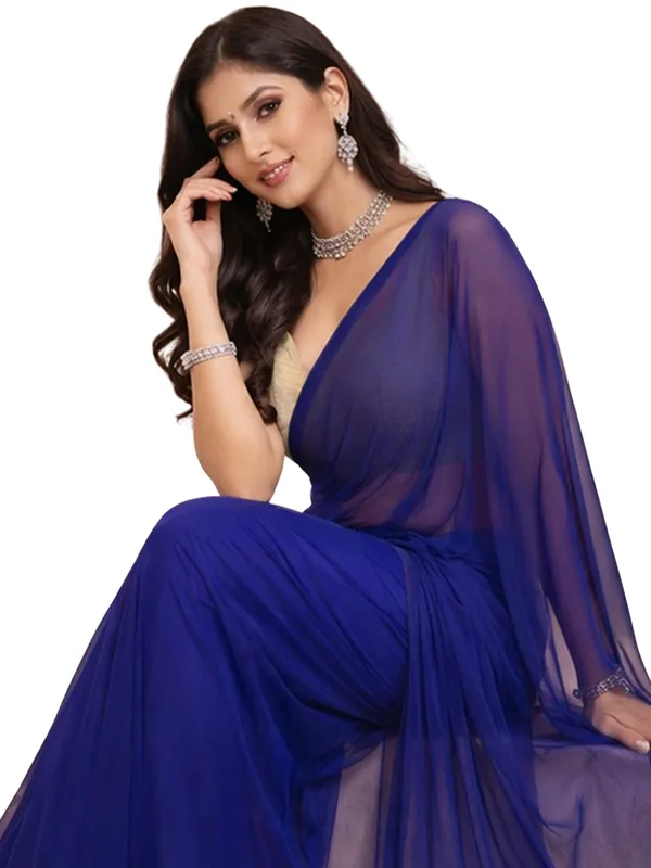 Georgette_Solid_Saree_With_Blouse_Piece_Navy_Blue