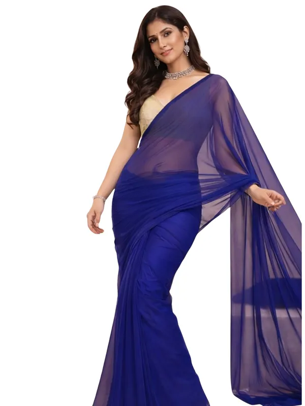 Georgette_Solid_Saree_With_Blouse_Piece_Navy_Blue
