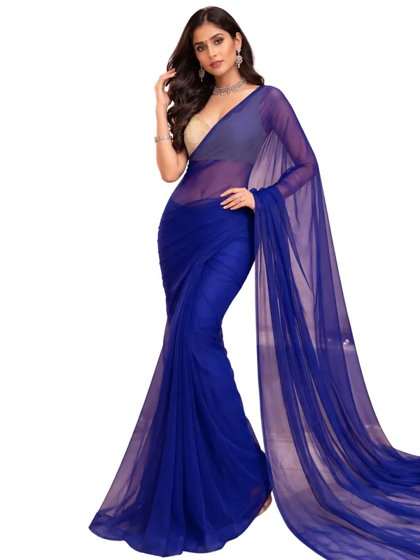 Georgette_Solid_Saree_With_Blouse_Piece_Navy_Blue