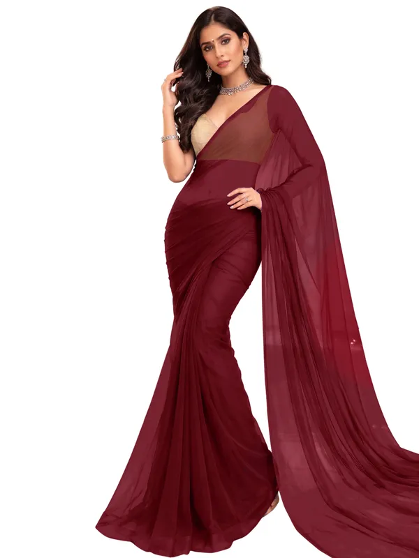 Georgette_Solid_Saree_With_Blouse_Piece_Maroon