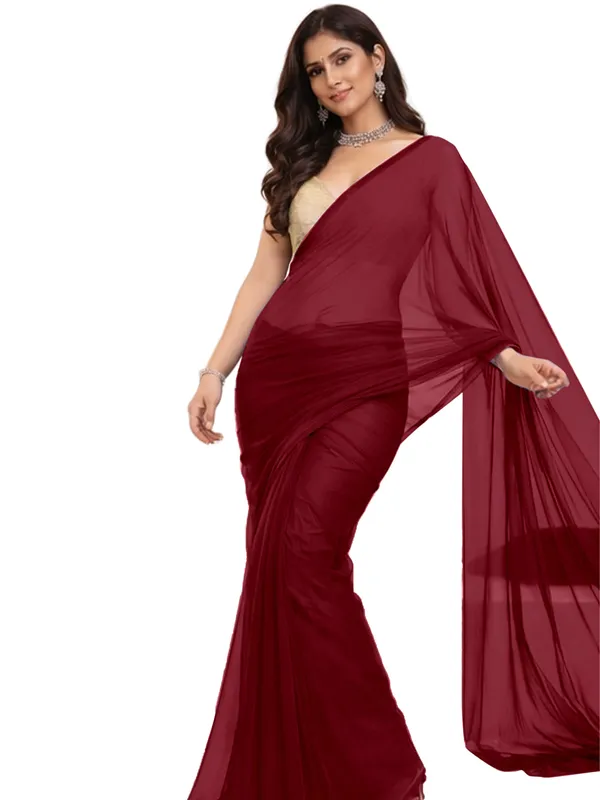 Georgette_Solid_Saree_With_Blouse_Piece_Maroon