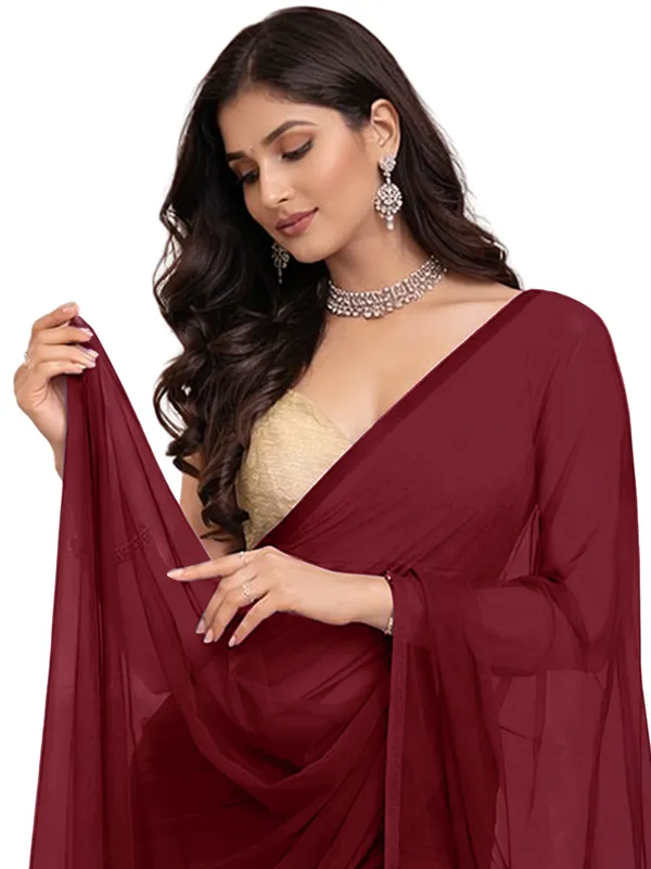 Georgette_Solid_Saree_With_Blouse_Piece_Maroon