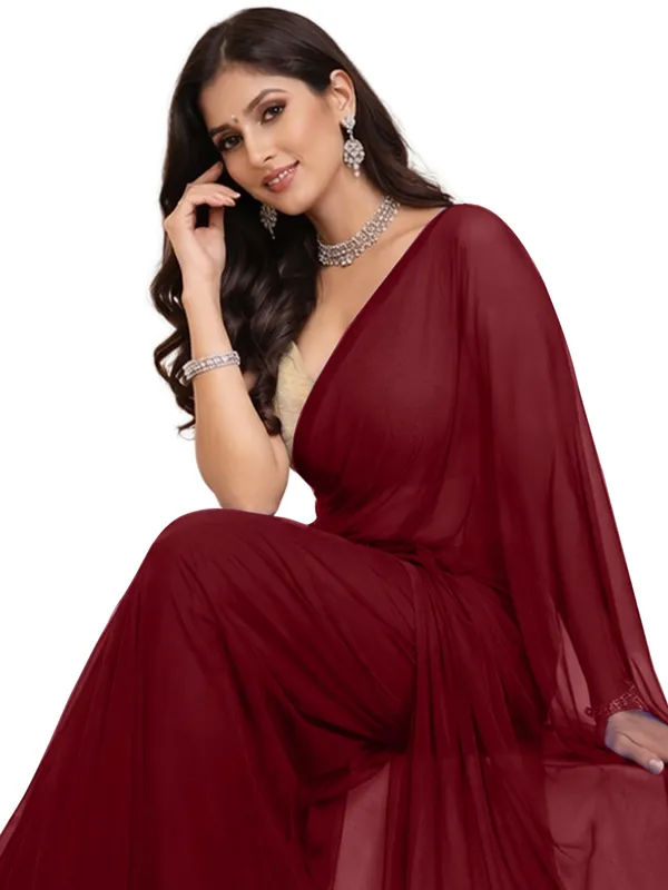 Georgette_Solid_Saree_With_Blouse_Piece_Maroon