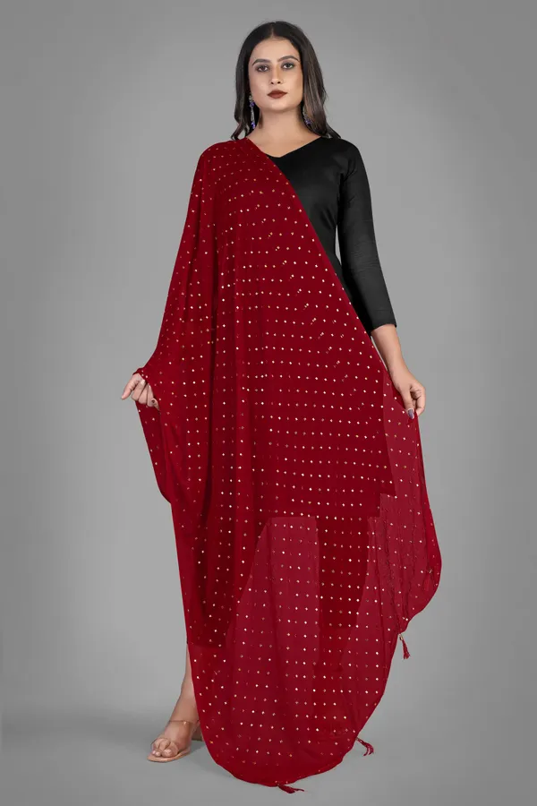 Golden_Star_Foil_Print_Chiffon_Dupatta_With_Tassel_Latkans_Maroon