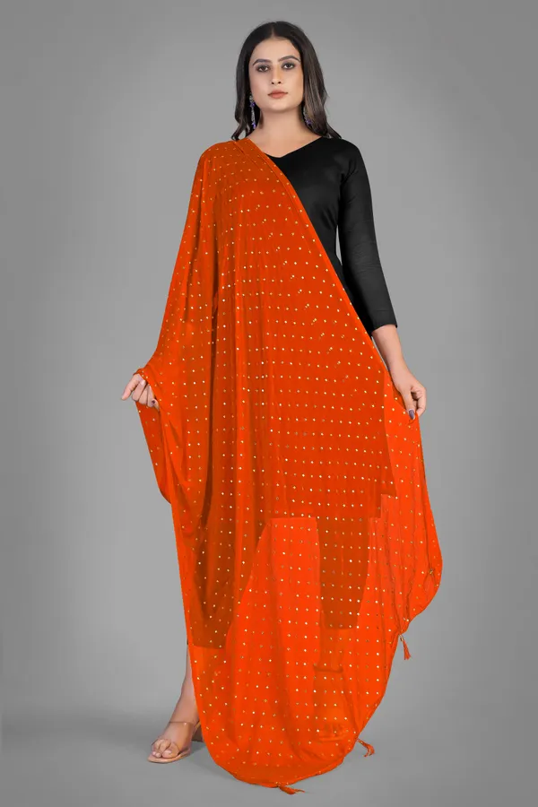 Golden_Star_Foil_Print_Chiffon_Dupatta_With_Tassel_Latkans_Orange
